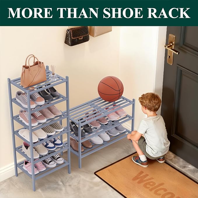 Smiry Long Bamboo Shoe Rack 2-Tier, Stackable Wooden Shoe Organizer for Entryway & Closet, Free Standing Wood Shoe Storage Shelf for Front Door & Small Spaces, Grey