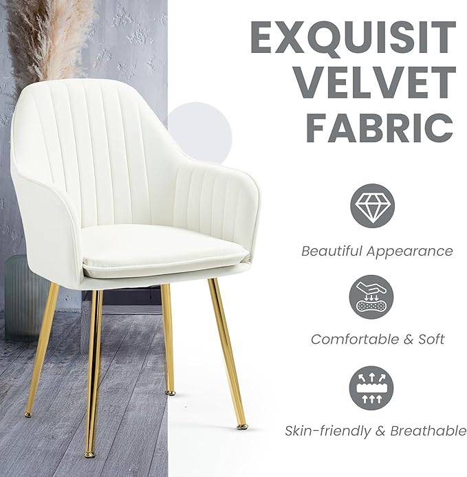 ECOTOUGE Modern Dining Chairs Set of 2, Upholstered Dining Room Chairs with Golden Metal Legs, Matte Velvet Kitchen Chairs for Dining Table, Accent Chairs for Living Room, Beige