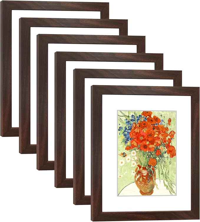 8x10 Picture Frame Set of 6 with Real Glass for Pictures 5x7 with Mat or 8x10 Without Mat, Wall or Tabletop Gallery Photo Frames Walnut