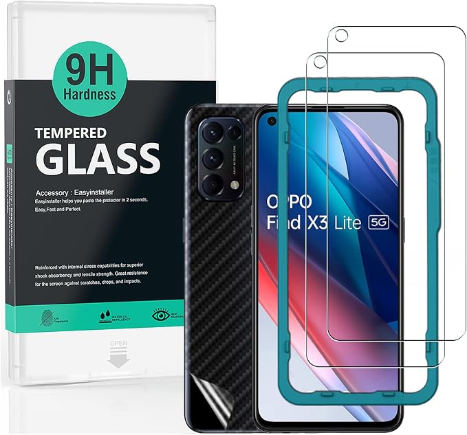 Ibywind for Oppo Reno 5/Find X3 Lite 5G Screen Protector2 Pack9H Hardness Tempered Glass and 1Pc Backing Carbon Fiber Film with Alignment FrameFull CoverageBubble FreeFingerprint UnlockScratch