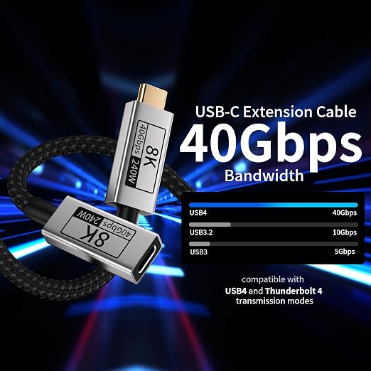 Long USB C Extension Cable 10FT Compatible with Thunderbolt 540Gbps Data &amp 240W Charging 8K@120Hz Video for Display Type C Male to Female Extender for Thunderbolt 4/3 /SSD/USB Hub/Dock