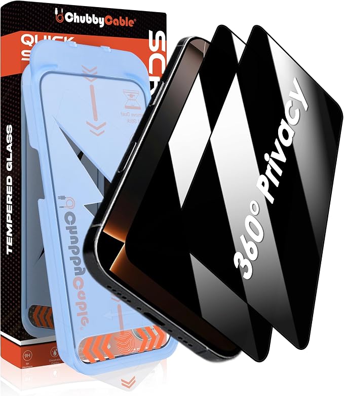 chubbycable 360 Privacy Screen Protector for iPhone 16 2 Pack | 4-way anti-spy tempered glass auto dust-elimination bubble free easy install box scratch resistant full coverage