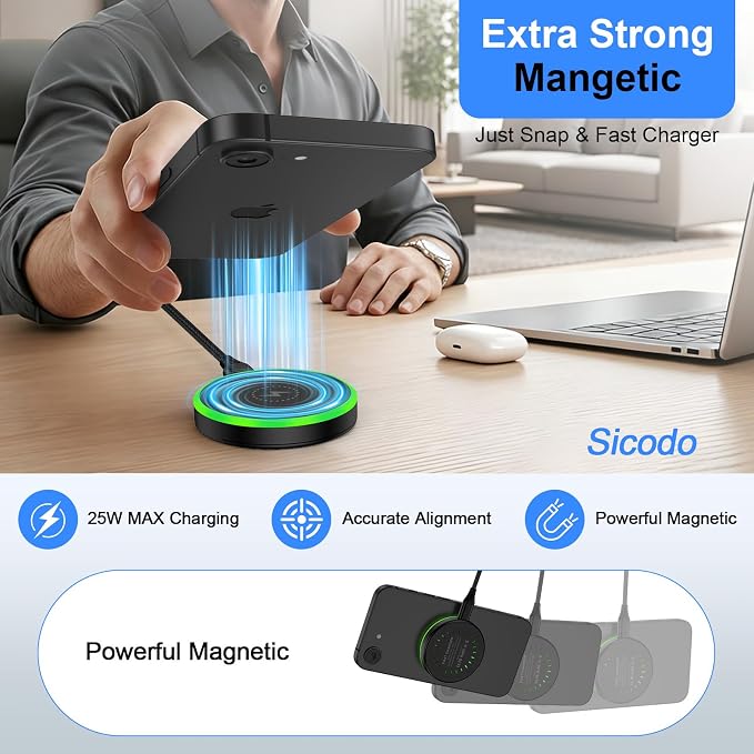 25W Magnetic Wireless Charger for Samsung Fast Charging Pad for Galaxy S26 | Wireless Charger Android with 30W USB C Power Adapter for S25 Plus/S24 FE/S23/S22/S21/Z Flip 7 Magsafe Charger for iPhone