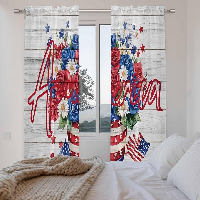 Independence Day Window Curtains 72 Inch Long 2 Panel Set, Rod Pocket Long