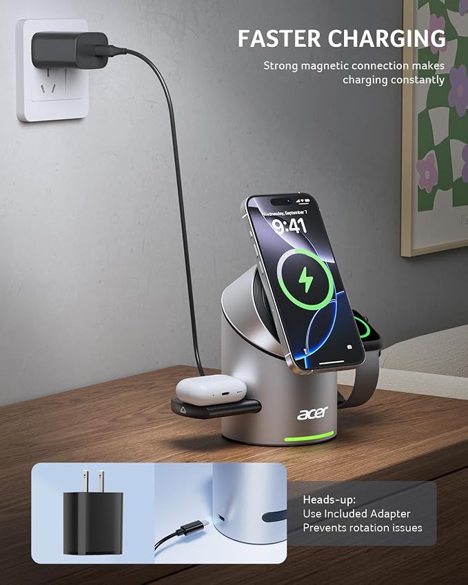 Acer Prime 3 in 1 Charging Station for Apple - Magnetic iPhone Wireless Charging Station Magsafe Charger Stand for iPhone 17 16 15 14 13 12 - Apple Watch - Airpods Series (Charger &amp USB-C Include