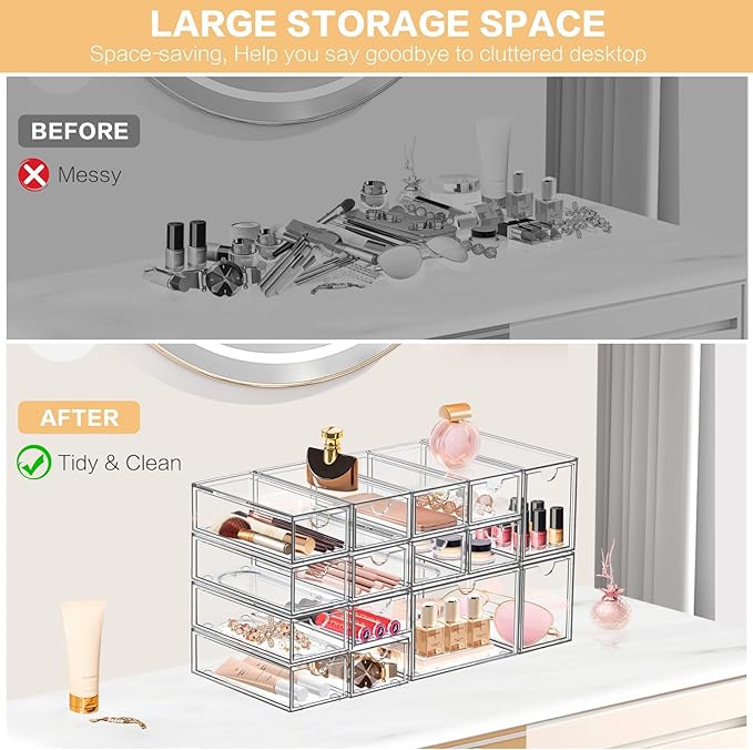Desk Organizer with 14 Drawers, FODIENS 14 Packs Acrylic Stackable Desktop Storage Drawer Makeup Organizer, Clear Craft Storage Box Cabinets for Office Vanity Countertop Bathroom Bedroom