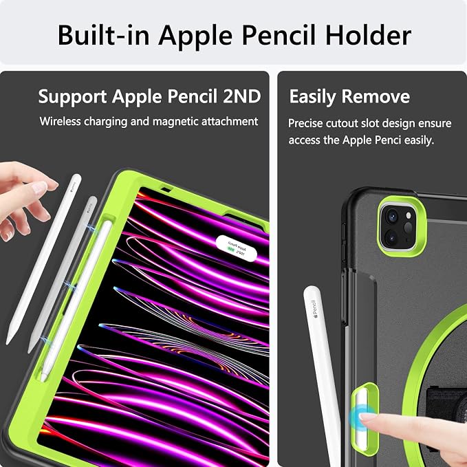 Miesherk Case for iPad Pro 12.9 Inch 6th/5th/4th GenShockproofGreen | Military Grade Heavy Duty Shockproof iPad Pro 12.9 Case - Rotating Stand Pencil Holder Hand/Shoulder Strap