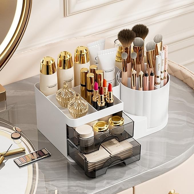 Makeup Organizer for Vanity with 2 Drawers,Countertop Rotating Makeup Brush Holder,Bathroom Organizer Holder,Cosmetic Display Case for Lipstick,Beauty,Skincare Organizer (White)