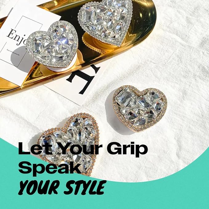 OnTheGrip Cute Cubic Diamond Heart Shape Design Collapsible Expandible Mobile Phone Grip Stand Holder for Smartphone Tablet Cell Phone Accessory (Silver Small)