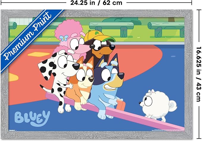 Bluey (2018) - Bluey and Friends See Saw Fun Wall Poster, 22.4L" x 14.7W", Gray Framed Version