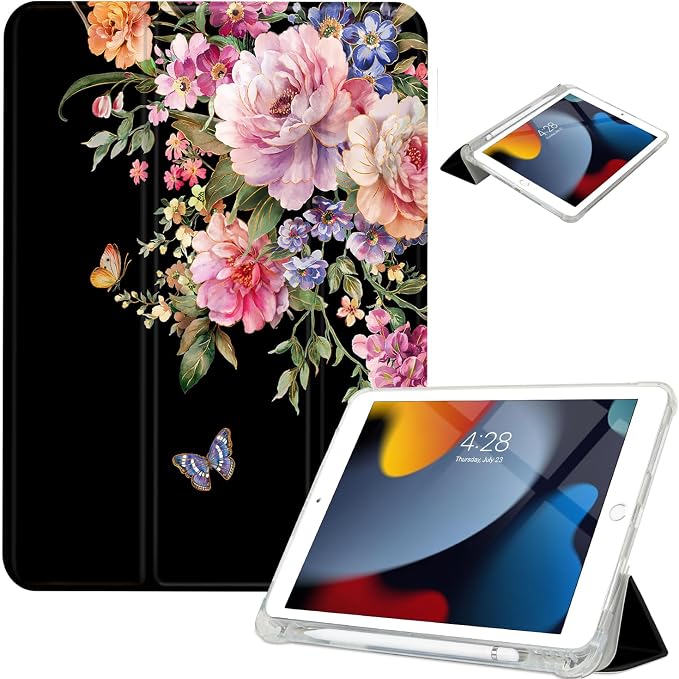 Vimorco for iPad 5th/6th Generation Case 9.7 Inch 2017/2018 for iPad Air 1/2 Case 2013/2014 Pencil Holder/2 Viewing Stands/Typing Stand/Slim Cover for iPad 5/6 Gen Blue Flower Floral