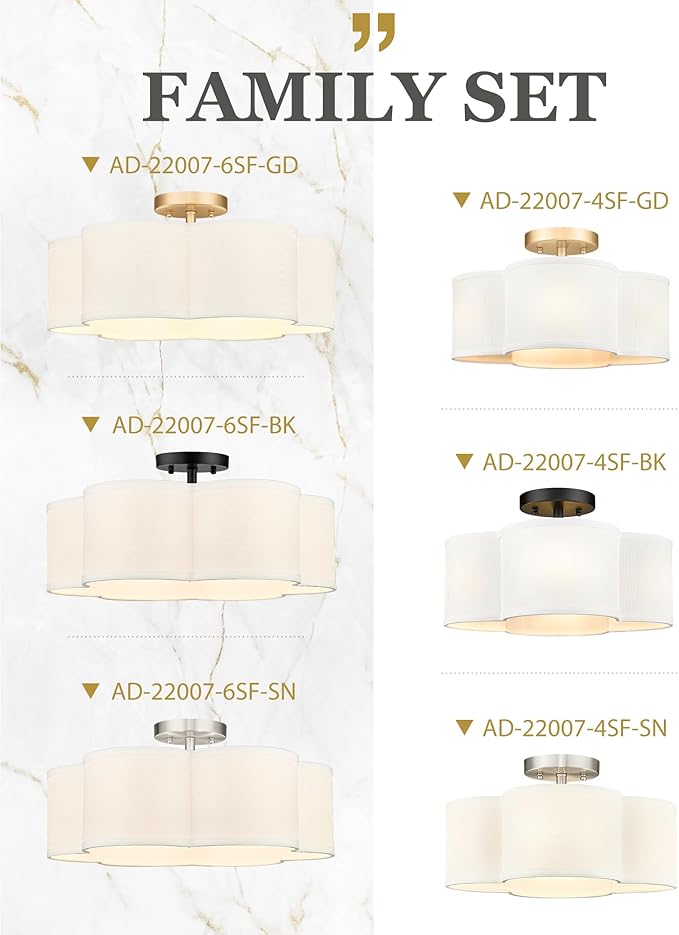 Black Semi Flush Mount Ceiling Lights, 6-Light 18Inch Ceiling Light Fixtures with Fabric Drum Shade in Flower Shape for Nursery Bedroom Kitchen, AD-22007-6SF-BK