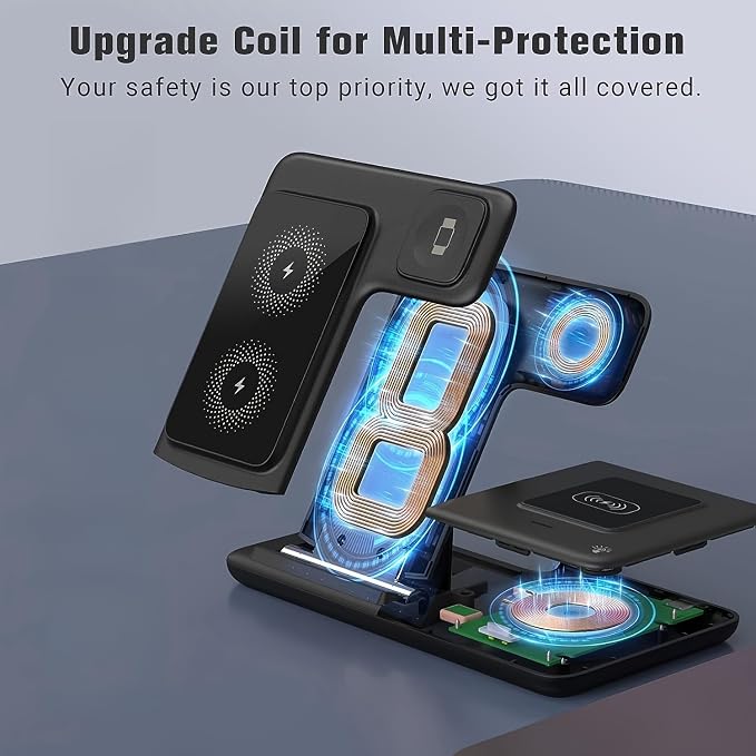 Foldable 3-in-1 Wireless Charging Station Fast Charging Stand Dock for Smart Watch Earbuds &amp Phone Magnetic Connection USB Powered