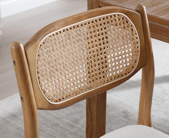 EALSON Farmhouse Rattan Dining Chairs Set of 2 Modern Mid Century Wood Dining Room Chairs with Cane Back Upholstered Sherpa Boucle Kitchen Side Chairs for Living Dining Room,Cream