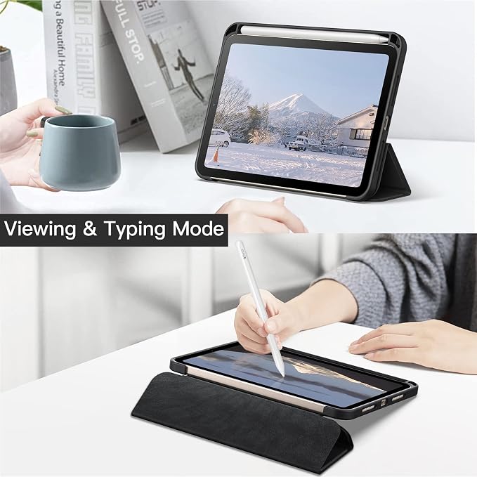 JETech Case Cover for iPad mini A17 Pro/6th Gen (2024/2021) Black | Clear Transparent Back Pencil Holder Slim Shockproof Protection Tri-Fold Stand Auto Wake/Sleep