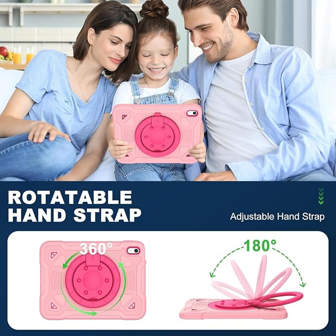 Case for iPad A16 11th / 10th Gen 10.9-Inch 360° Rotating Kickstand | Kids Shockproof Protective Cover with Handle Shoulder Strap &amp Pencil Holder Durable Silicone Case for Girls Black