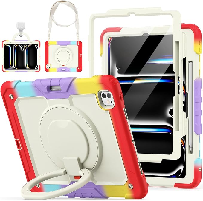 for iPad Pro 11 inch Protective Case M5 2025/M4 2024: Heavy Duty Shockproof Case with Pencil Holder - 360°Rotating Handle/Stand - Screen Protector - Shoulder Strap Black/Sky Blue