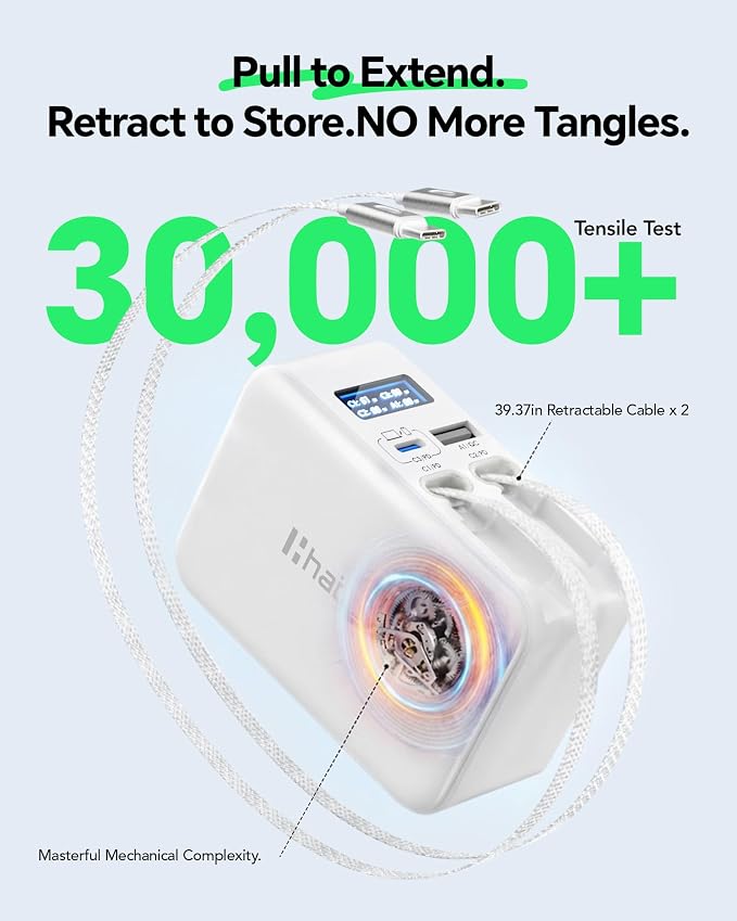 HATALKIN 67W Retractable Wall Charger 4-in-1 with USB-C &amp for Apple Cable | Smart Display ChargerFast ChargingRetractable ChargerFoldable PlugMulti-DeviceTravel UseFor Mac/iPhone/Samsung L