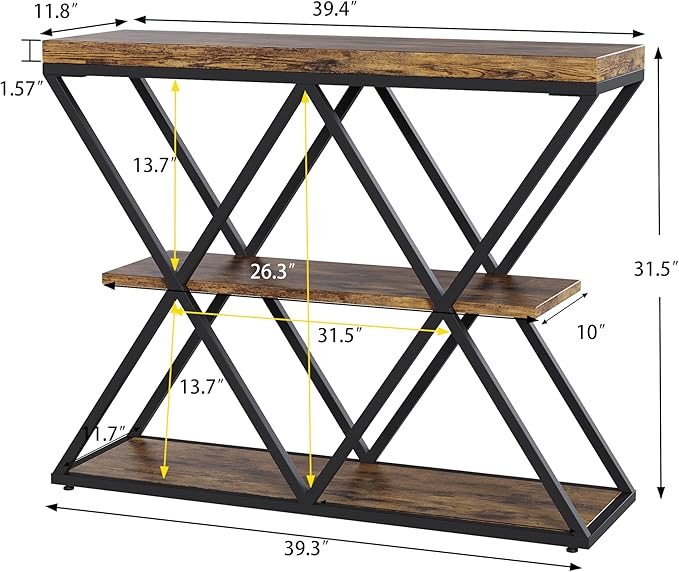 Garvee 3-Tier Entryway Table, Industrial Console Sofa Table with Storage, Accent Table with Open Shelves, X-Shaped Metal Frame, Foyer Table for Entryway, Hallway, Rustic Brown