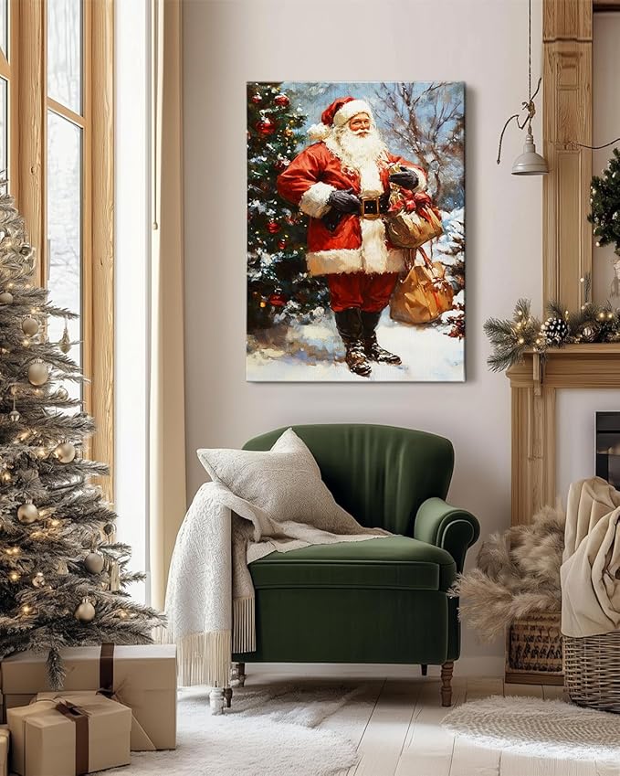 Vintage Santa Claus Christmas Canvas Wall Art - Festive Holiday Painting for Living Room,Bedroom & Bathroom, Cozy Winter Decor Framed Print, Perfect Christmas Gifts & Home Decoration