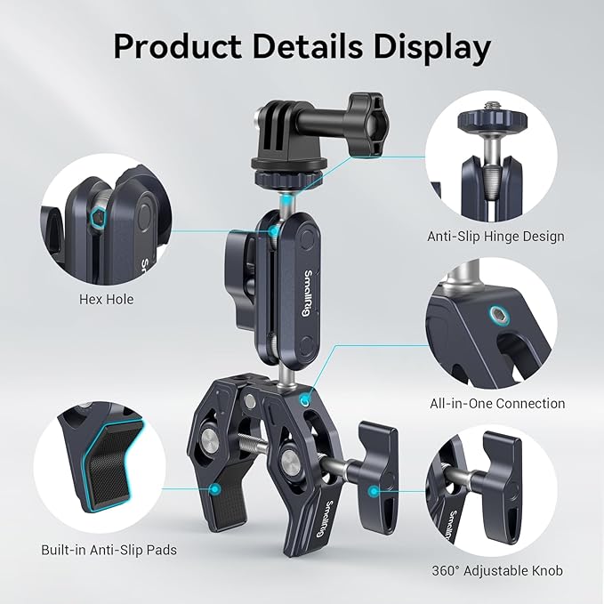SMALLRIG Camera Mount Clamp, Ballhead Magic Arm and Adapter for Gopro, Camera Monitor Mount with 1/4"-20, 3/8"-16 Threaded Holes, Super Clamp for Gopro/DSLR/Stabilizer