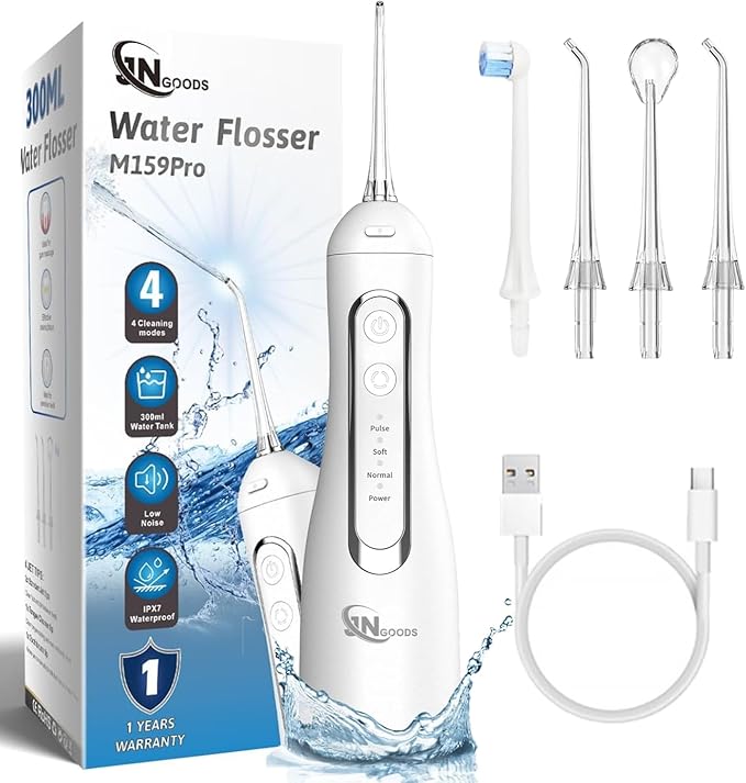 JNGOODS Cordless Water Dental Flosser Oral irrigator,JNGOODS 300ml Rechargeable Water flosser for Teeth IPX7 Waterproof 4 Modes Portable Oral Irrigator with 4 Jet Tips, Travel Home use (White)
