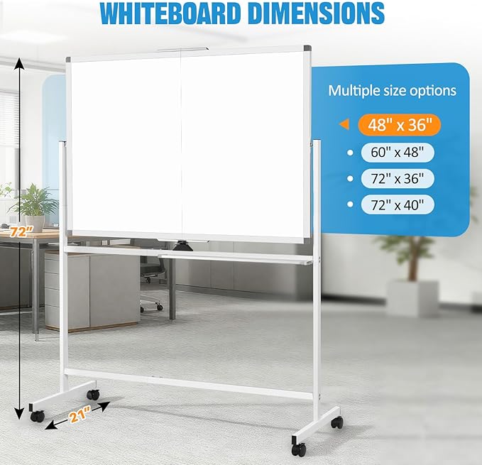 48" X 36" Large Rolling Whiteboard, 360°Rotation Magneitic White Board with Stand, Double Sides Whiteboard Easel on Wheels, Big Dry Erase Board for Office, School, Home