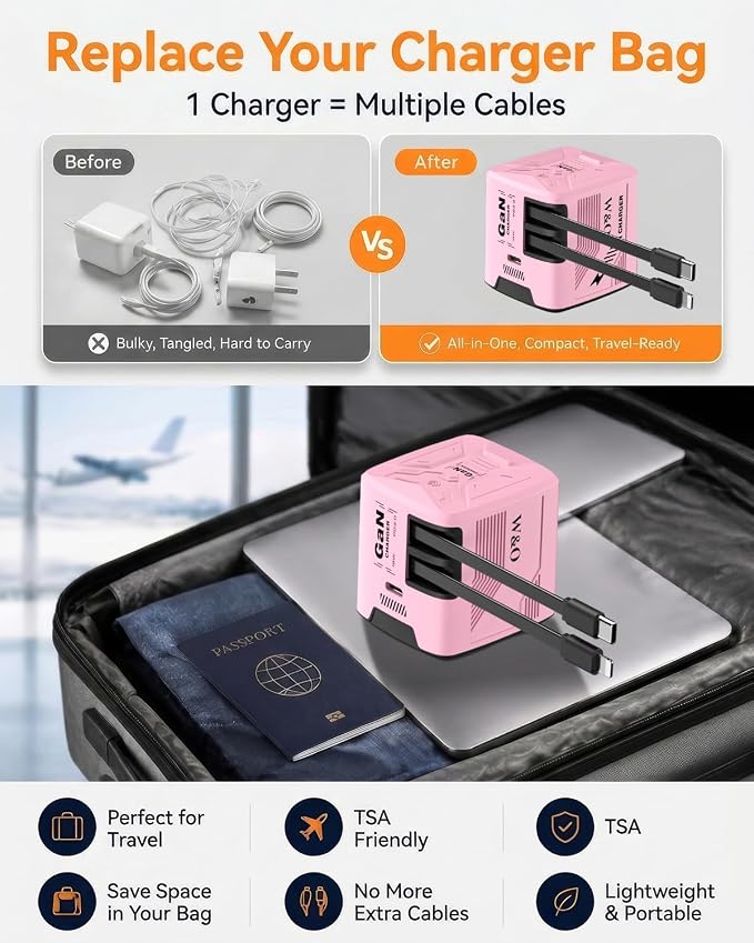 W &amp O 60W GaN Fast Charger Wall Plug Built-in Retractable USB-C &amp L Cables | Retractable Wall Charger with 47.2 Cables One Pull Charging No Cable Mess Solution for iPhone 17/16/15 Galaxy