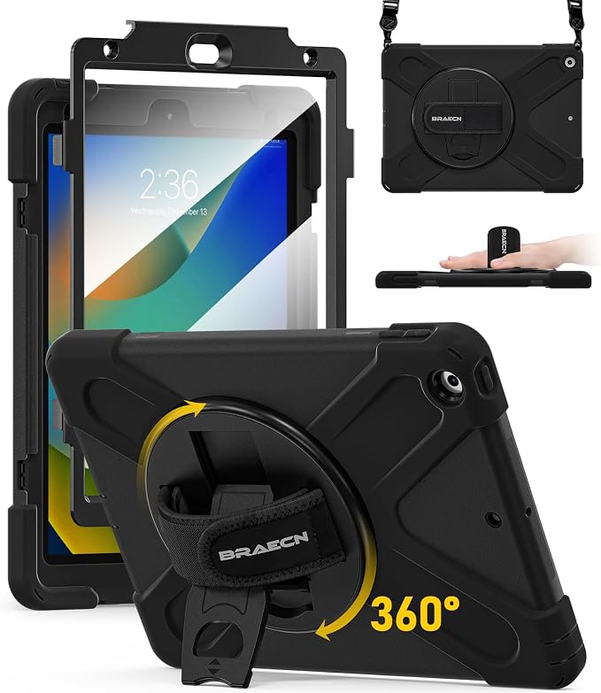 BRAECN Case for iPad 9th/8th/7th Generation - 10.2 inch 2021/2020/2019 | Heavy Duty Protective Cover with Carrying StrapHand StrapScreen ProtectorSwivel Stand Fit 10.2 inch iPad 7/iPad 8/iPad 9