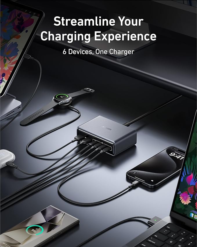 Anker Prime Charging Station, 200W 6-Port GaN Desktop Charger, Fast Charging USB C Charger for Multiple Devices, Compatible with iPhone, Galaxy, MacBook, Dell ane More