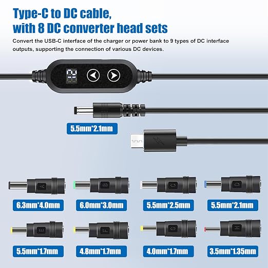 100W USB C to DC Charger Barrel PD Trigger Cable with 8 DC Conversion Heads and LED Display Screen DC 5V/9V/12V/15V/20V to DC Adapter Cable for Netbook Tablets Led Light Routers (3.9ft)