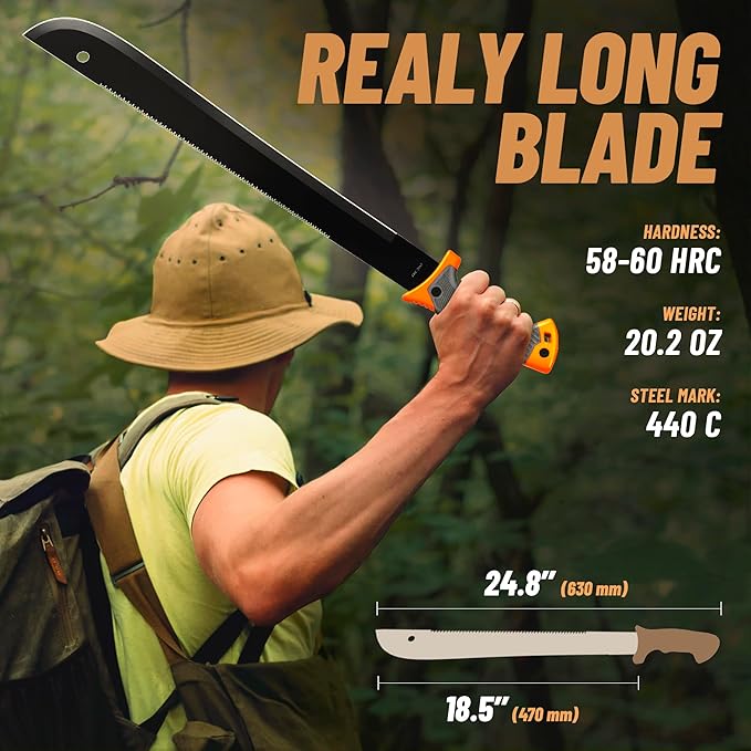 Machete with Saw 25" / 19" Heavy Duty Tool & Sheath - Ergonomic No-Slip Handle - Survival Knife with Serrated Blade - Machetes for Bushcraft Hunting Garden Cutting Trees and Yard Work