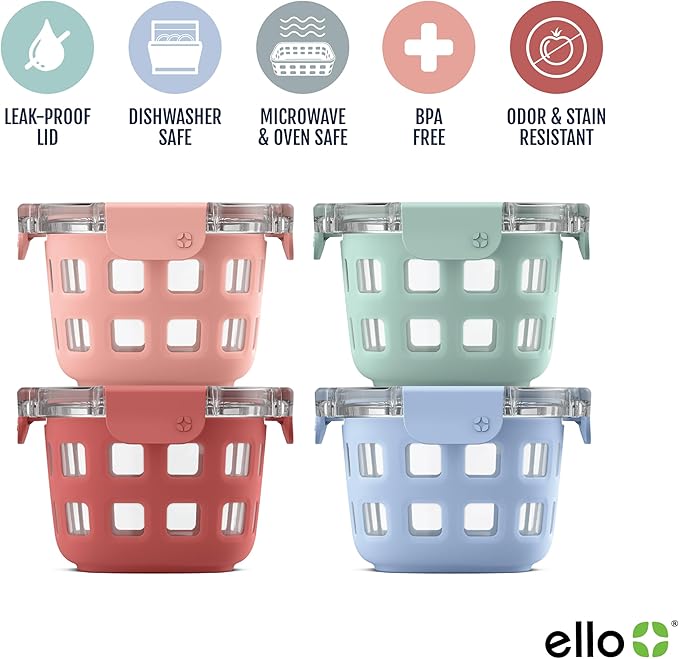 Ello Duraglass Glass Meal Prep Sets Leak-Proof Glass Food Storage Containers with Airtight BPA-Free Plastic Lids, Dishwasher, Microwave, and Freezer Safe