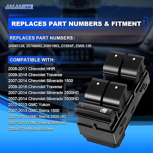 JALIAMTE 20945129 Master Power Window Switch Driver Side, Window Control Switch Button Compatible with Chevrolet HHR Traverse Silverado GMC Yukon Sierra Buick Enclave Replaces# 25789692 25951963