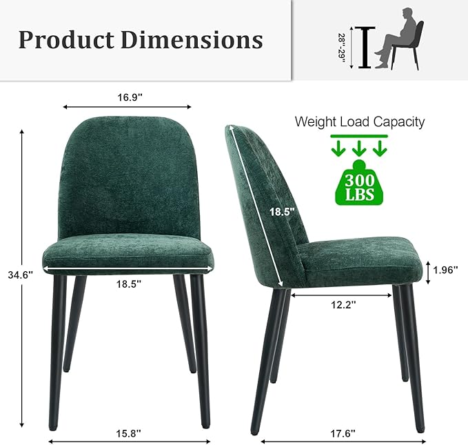 Upholstered Dining Chairs Set of 4, Mid Century Modern Fabric Dining Room Chair High-Back Padded Kitchen Chairs with Padded Seat and Metal Legs for Kitchen Dining Room Restaurant Cafe, Green