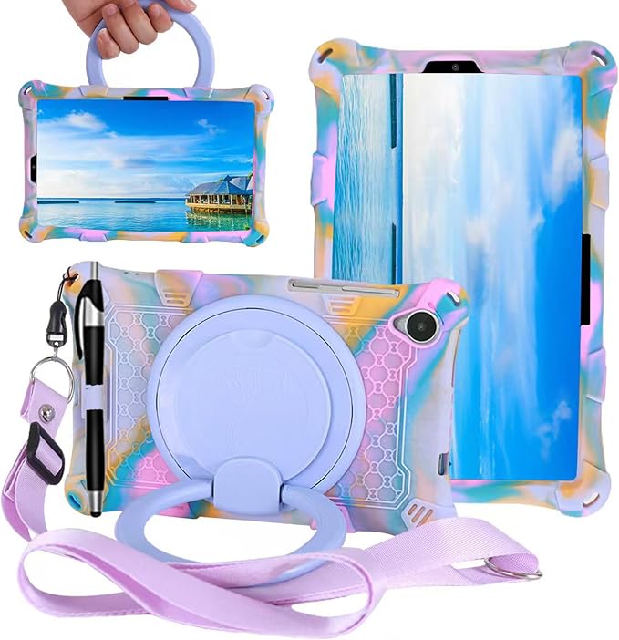 Tablet Case for Lenovo M8 TB300XU/TB-8505F/TB-8705F/TB-8506FSoft Anti-Stress Silicone Case with Rotate Stand/Pencil Holder/Shoulder Strap/Pen for Lenovo Tab M8 8 inch (Colorful Light Blue)