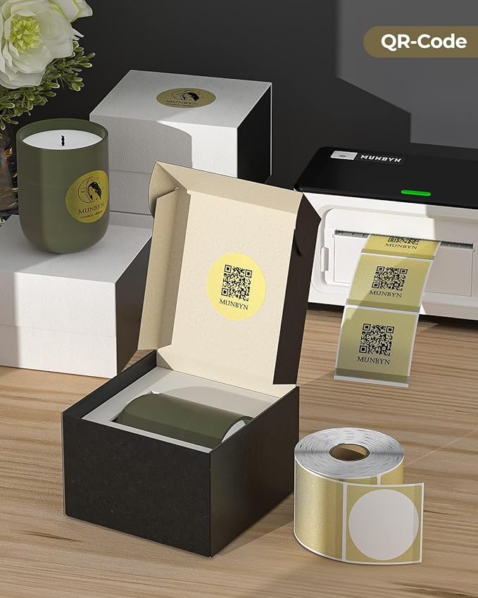 MUNBYN 2 Inch (50.8X 50.8mm) Gold Transparent Thermal Labels, Round Fine Glitter Printable Thermal Stickers for Small Businesses, 500 Labels/1 Roll