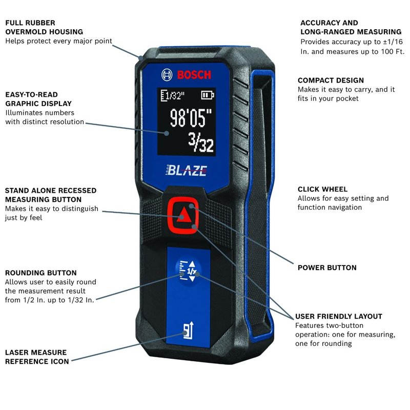 BOSCH GLM20 Blaze 65ft Laser Distance Measure with Real Time Measuring