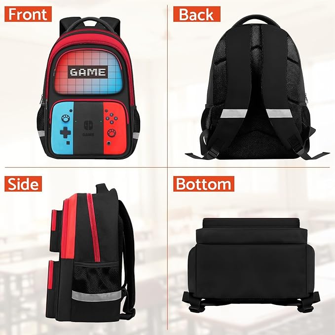 School Backpack for Boys - 3pcs Gamer Boys Backpack with Lunch Box and Pencil Case for Kids Children Teens Elementary Middle School - HFHTDC Video Game Bookbag 17″ Large Capacity