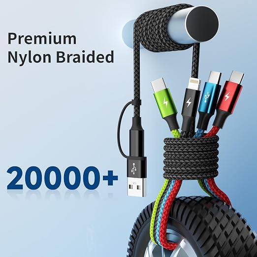 4 in 1 Multi Charging Cable 2 Pack 6FT Charging Cords for Devices | Nylon Braided USB C Car Charger Cable with Dual USB-C IP &amp Micro Ports Long Travel Charging Cord for Cars