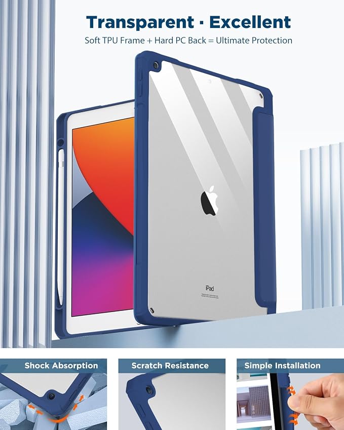 TiMOVO Case for iPad 9th/8th/7th Generation 10.2 inch Black | Pencil Holder Slim Trifold Stand Protective Cover Clear Transparent Back Shell Auto Wake/Sleep