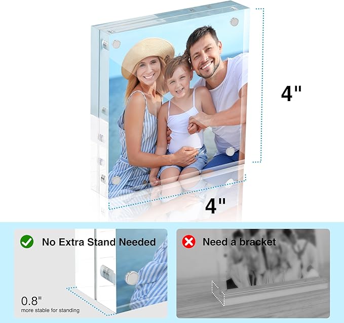 HOUSE DAY Acrylic Picture Frames 4x4, 2 Pack Magnetic 4 x 4 Picture Frame, Double Sided Clear 4x 4 Photo Frame with Microfiber Cloth, Frameless FreeStanding 4x4 Frame Gift for Desktop Display