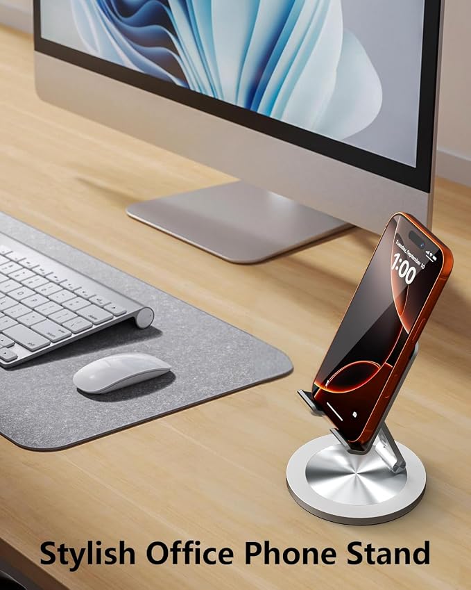 Phone Stand for Desk 360° Rotating Dual Adjustable Foldable Cell Phone Holder Heavy Solid All-Aluminum Base Anti-Slip Stable Support for Home Office Study Fits iPhone Galaxy 4-8 Phones