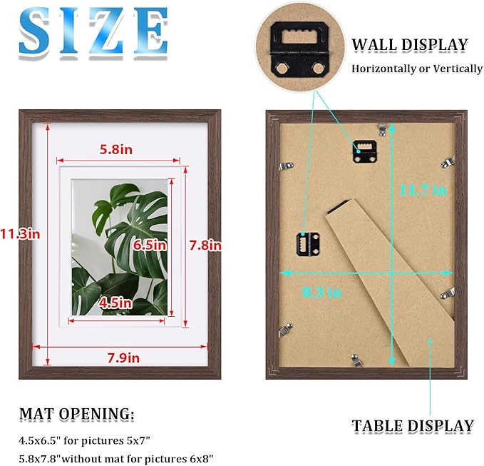 Egofine A4 Picture Frame Made of Solid Wood with Plexiglass, Display Pictures 4x6/6x8 with Mat or A4 Without Mat for Tabletop and Wall Mounting, Rustic Brown