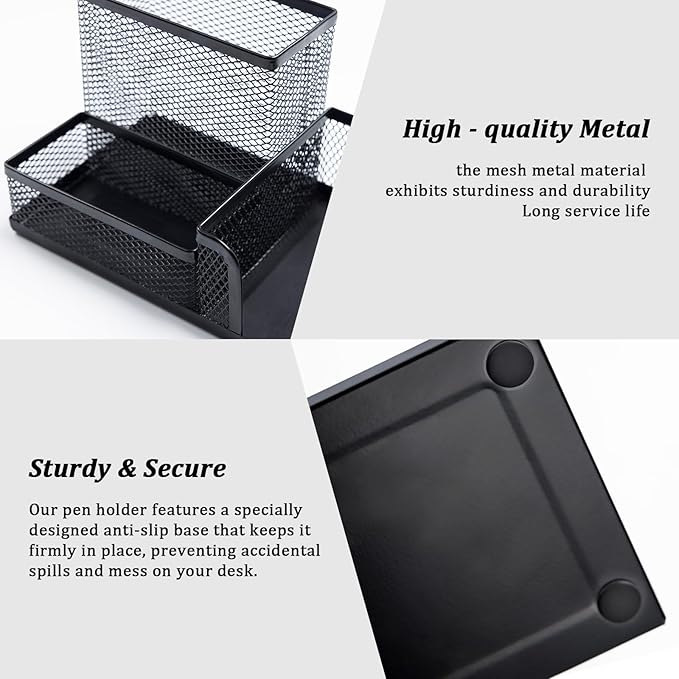 Black Mesh Pen Holder Desktop Organizers Pencil Holder for Desk 3 Compartments Metal Office Supply Organizer with Sticky Notes Holder for Office Desk Accessories