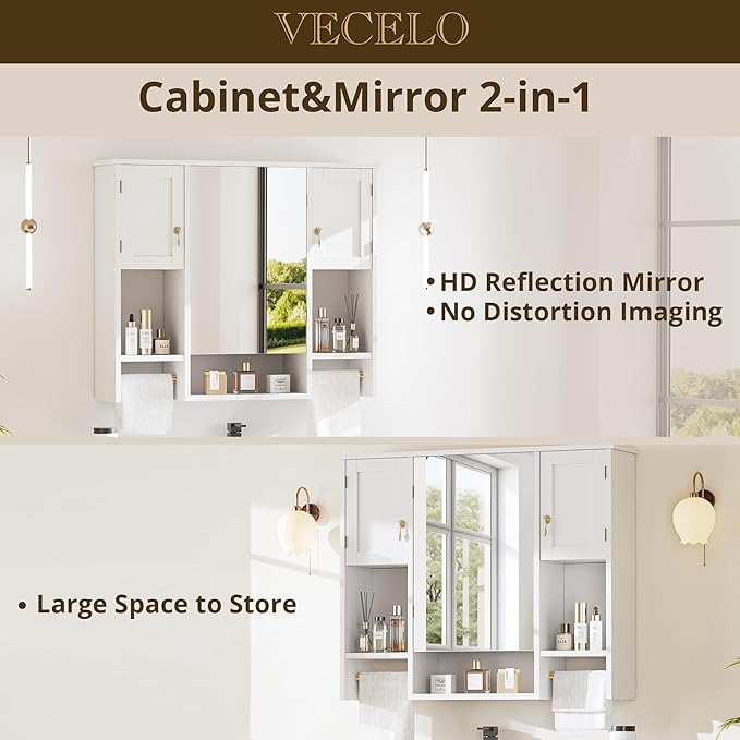 VECELO Bathroom Wall Cabinet with Mirror, Wall Mounted Medicine Cabinet with Open Shelves, 2 Towels Bars for Bathroom Laundry Room Kitchen, 35.04 * 7.09 Inches, Gold