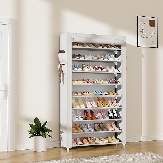 LANTEFUL Shoe Rack with Covers 10 Tier Tall Shoe Rack Organizer Large Capacity Shoe Shelf Storage 40 Pairs Space Saving Free Standing Shoe Storage Organizer for Closet, Entryway, Dorm, White