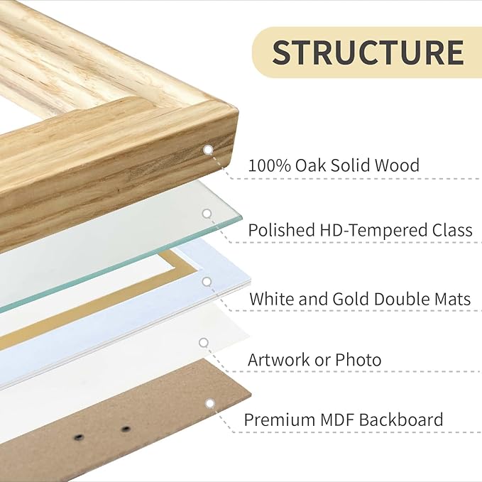 8x10 picture Frame Matted to 5x7, 5*7 Picture Frame with Mat ,8*10 Solid Oak Wood Picture Frames Tabletop or Wall Mount Display，8 by 10 Premium Photo Frame with Real HD Tempered Glass ,Oak Color, 1 Pack
