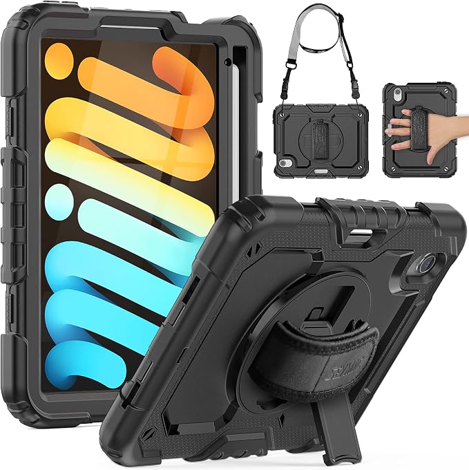 SEYMAC for iPad 9th/8th/7th Generation Case 10.2 2021-2019 Full-Body Shockproof Protective Case with Screen Protector Rotating Stand/Handle/Shoulder Strap for iPad 10.2 Blue/Black