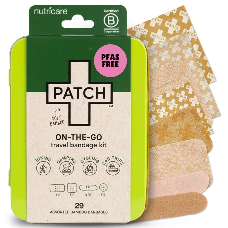 PATCH On-The-Go Natural Bamboo Adhesive Bandage Travel Kit for Sensitive Skin, Eco-Friendly Hypoallergenic Bandages, 29 ct